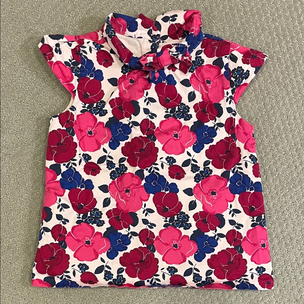 Janie and Jack Pink, Red and Blue Floral Ruffle-Neck Cap Sleeve Top